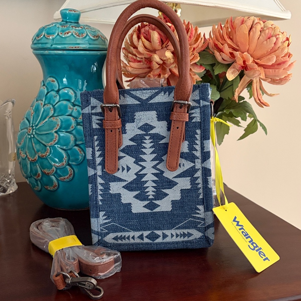 Wrangler Ladies Laser Cut Print Denim Square Mini Crossbody NWT - Picture 3 of 10